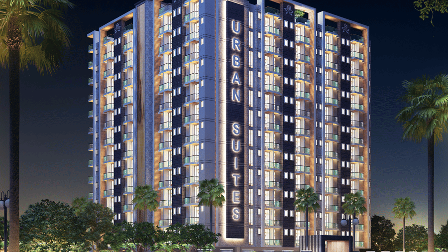 Facade view of Urban Suites by BluSalzz, Jaipur, A Business Hotel in Jaipur, against the night sky, with the building glowing beautifully in the evening light.