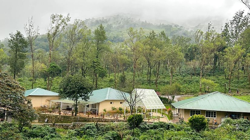 facade view of Ibex Stays & Trails, Valparai (Mistly) next to forest cover and mist on the mountains.