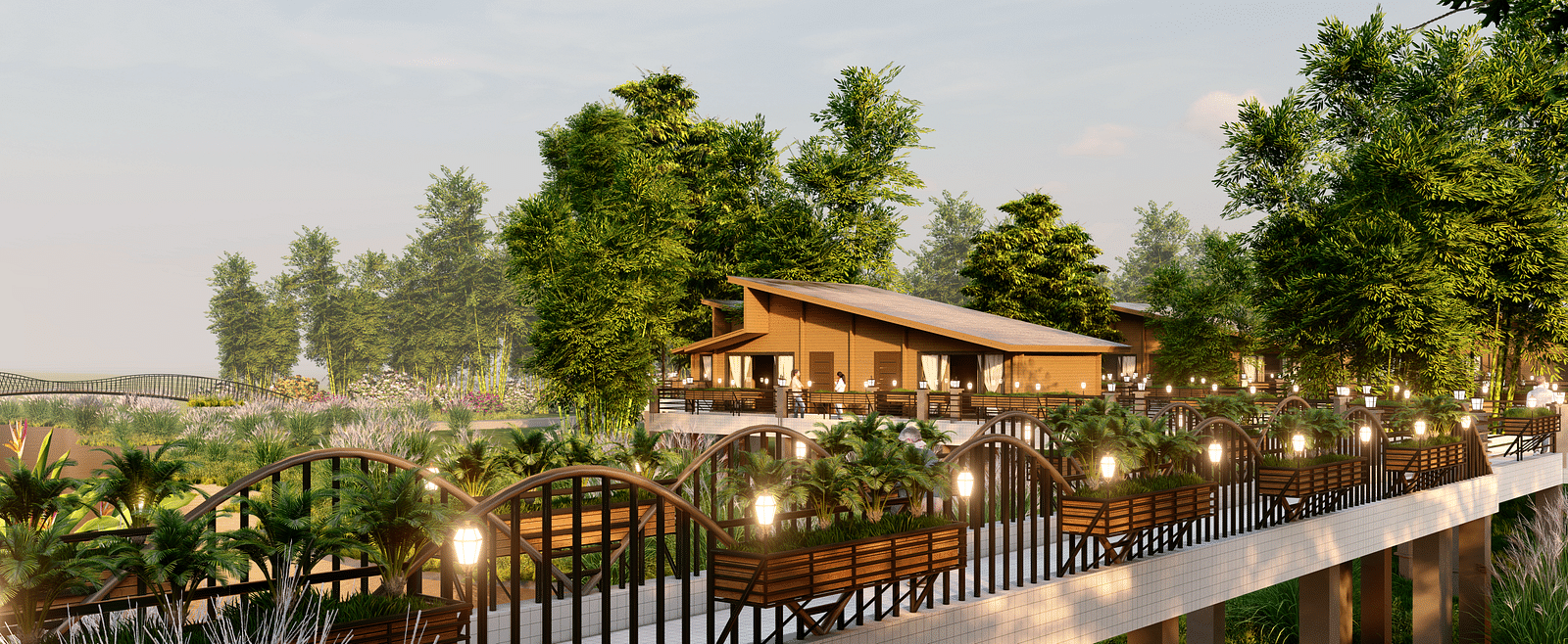 A building with a balcony overlooking a bridge with plants and lights, surrounded by trees - Rhino and River BluSalzz Collection, Pobitora