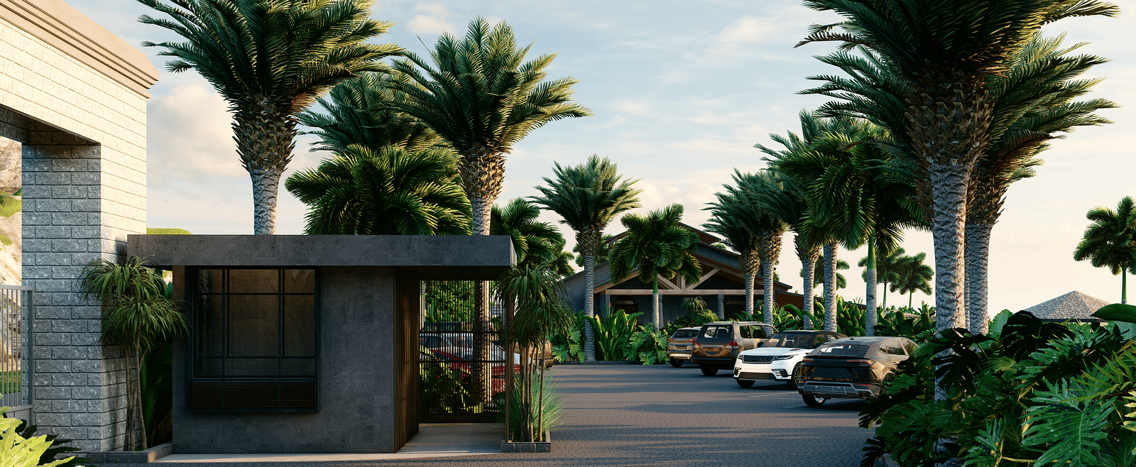 A small building with a dark entrance, surrounded by palm trees and parked cars - Rhino and River BluSalzz Collection, Pobitora
