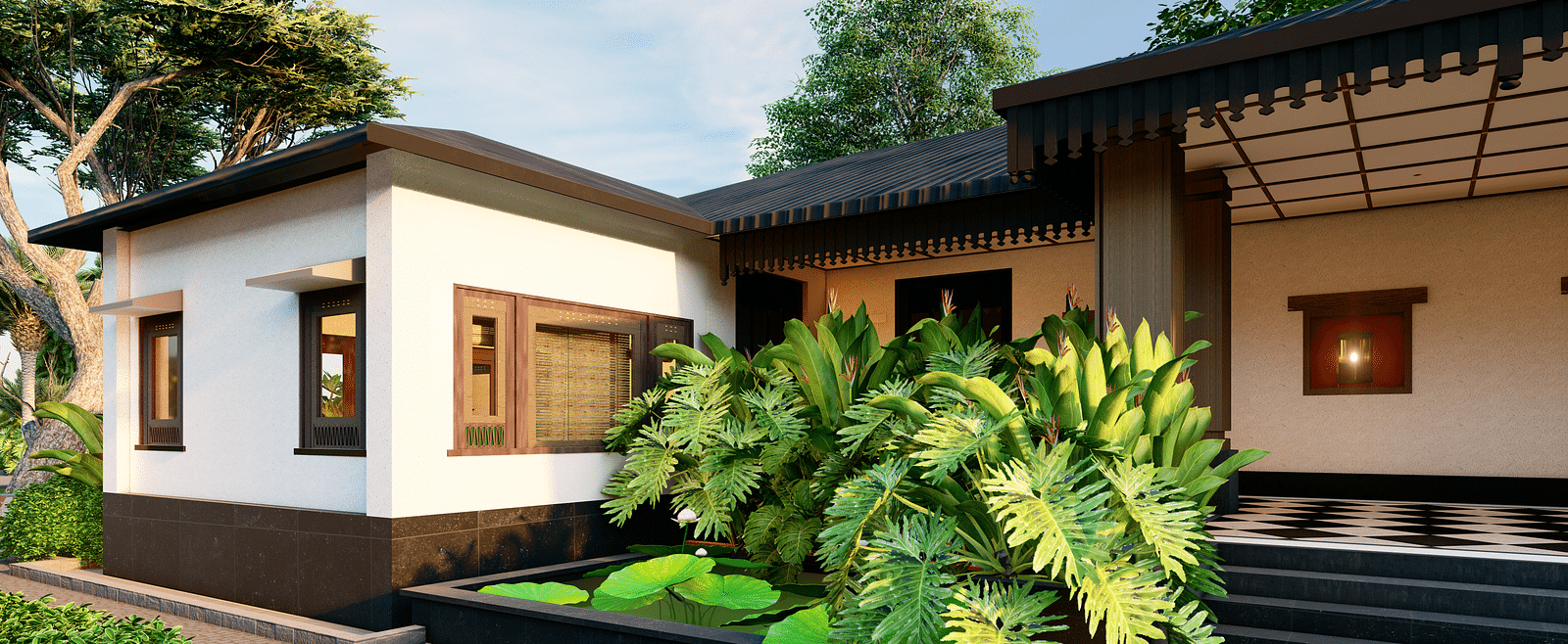 A house with a traditional design, a small pond, and lush green plants in the foreground - Rhino and River BluSalzz Collection, Pobitora