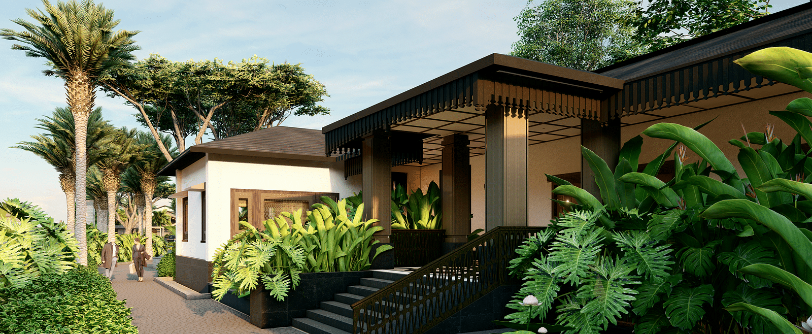 A building with a covered entrance, surrounded by lush plants and palm trees, with a pathway leading to it  - Rhino and River BluSalzz Collection, Pobitora