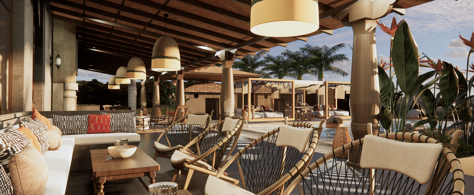 An outdoor lounge area with chairs, a sofa, hanging lights, and plants, under a covered patio - Rhino and River BluSalzz Collection, Pobitora