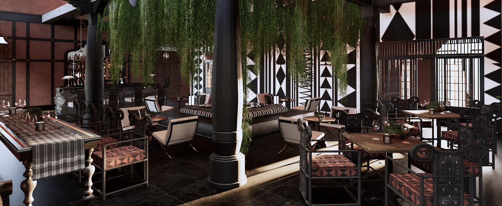 A lounge area with seating, hanging plants, patterned walls, and a bar counter in the distance - Rhino and River BluSalzz Collection, Pobitora