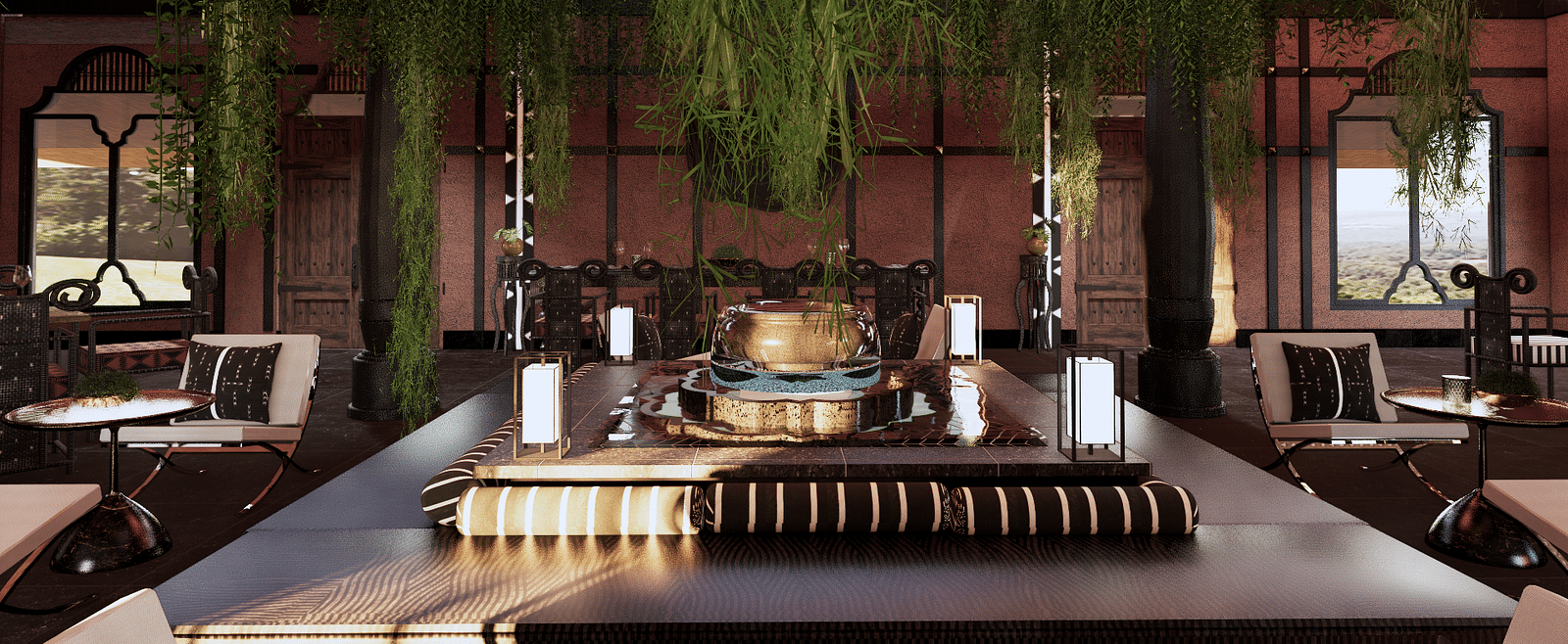 A bar counter with hanging plants, framed mirrors, and seating in a lounge area - Rhino and River BluSalzz Collection, Pobitora