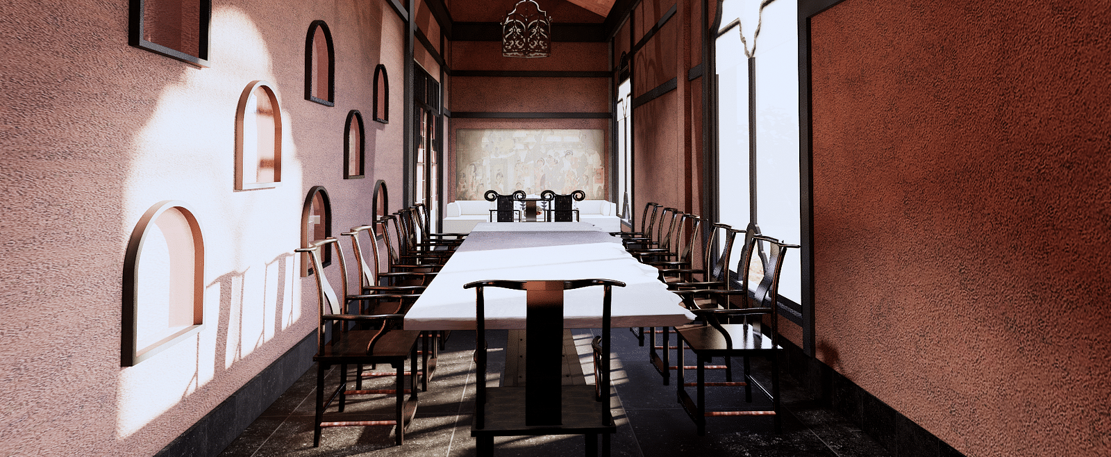 A long dining table with chairs in a room featuring arched cutouts and a chandelier - Rhino and River BluSalzz Collection, Pobitora
