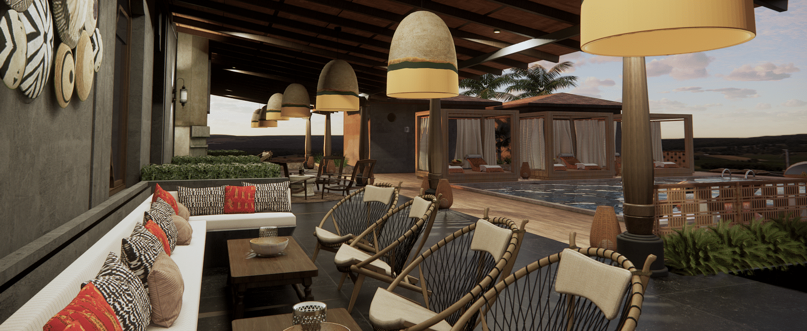 An outdoor lounge with seating, hanging lights, and a view of a pool and cabanas - Rhino and River BluSalzz Collection, Pobitora
