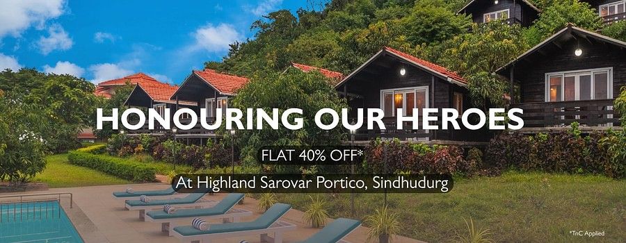 Promotional banner for Highland Sarnour Portico, Sarchu, featuring chalet-style cottages and a poolside view with the offer text Honouring Our Heroes – Flat 40% Off.