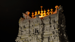 The vibrant building of Sri Govindaraja Swamy Temple in Tirupati, as seen during the night, with intricate art on the roof.