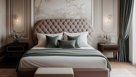 An accommodation featuring a double bed with cushions, an upholstered headboard, bedside tables, and open curtains.