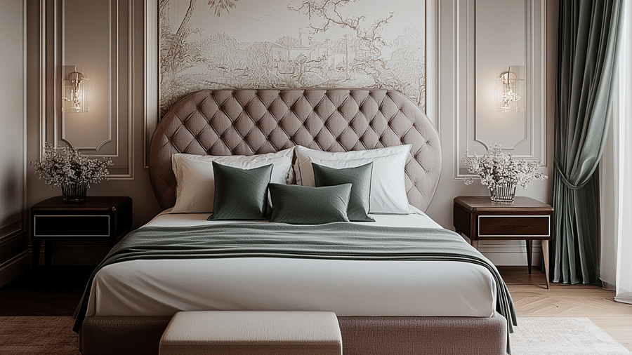 An accommodation featuring a double bed with cushions, an upholstered headboard, bedside tables, and open curtains.