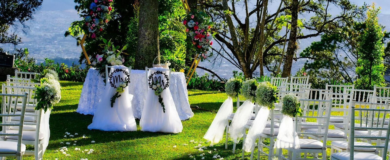A wedding setup on a green lawn with chairs facing a decorated archway under trees, suggesting an outdoor ceremony.