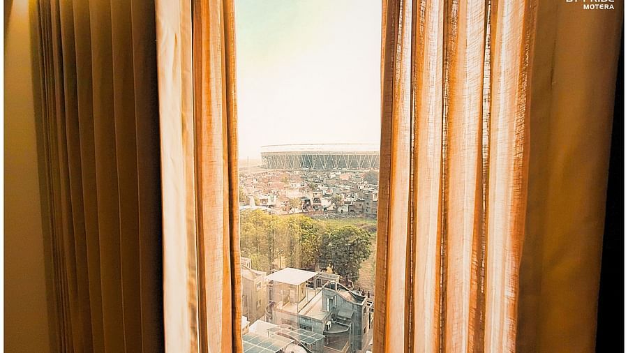 view from one of the rooms at biznotel by pride, motera highlighting the narendra modi stadium