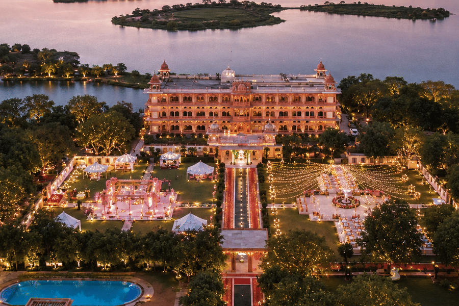 Drone Evening Shot-Destination Weddings at Umaid Palace Dausa