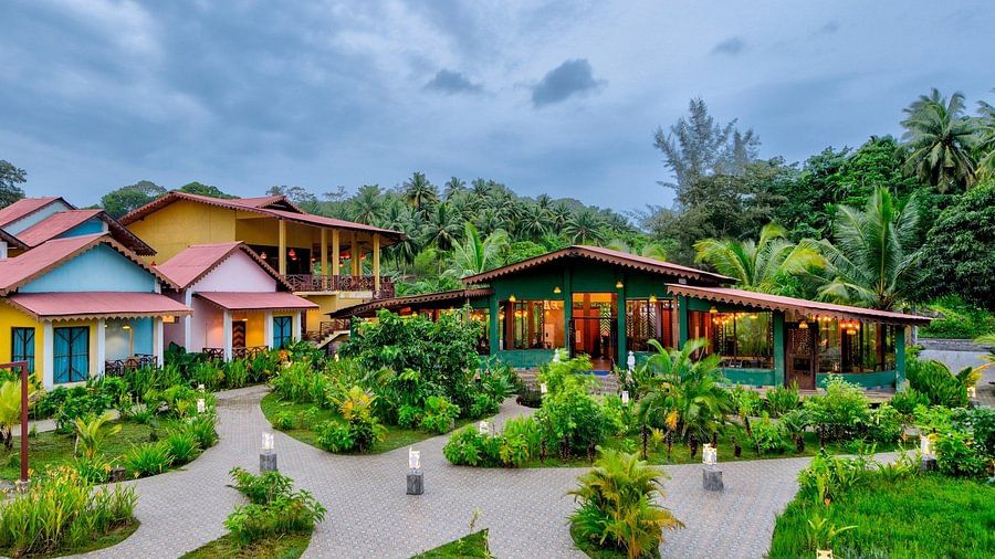 the exterior facade of silver sand village resort in havelock