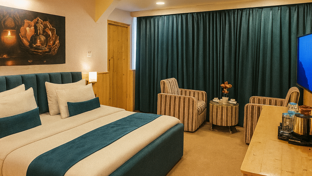 Junior Suite luxury hotel room in Darjeeling featuring king-sized bed with teal accents, chandelier lighting, striped armchairs, and wooden furnishings for a premium 3-star stay