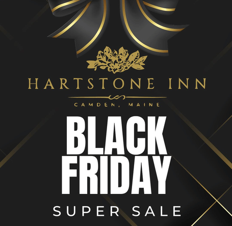 Black and gold Black Friday sale ad for HARTSTONE INN. Text reads BLACK FRIDAY SUPER SALE with a modern, luxurious design.