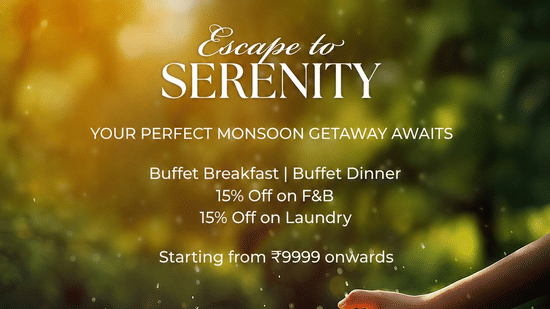Monsoon package offer banner featuring a relaxing beachside stay with buffet meals, dining discounts, and laundry benefits starting at INR 9,999 onwards.