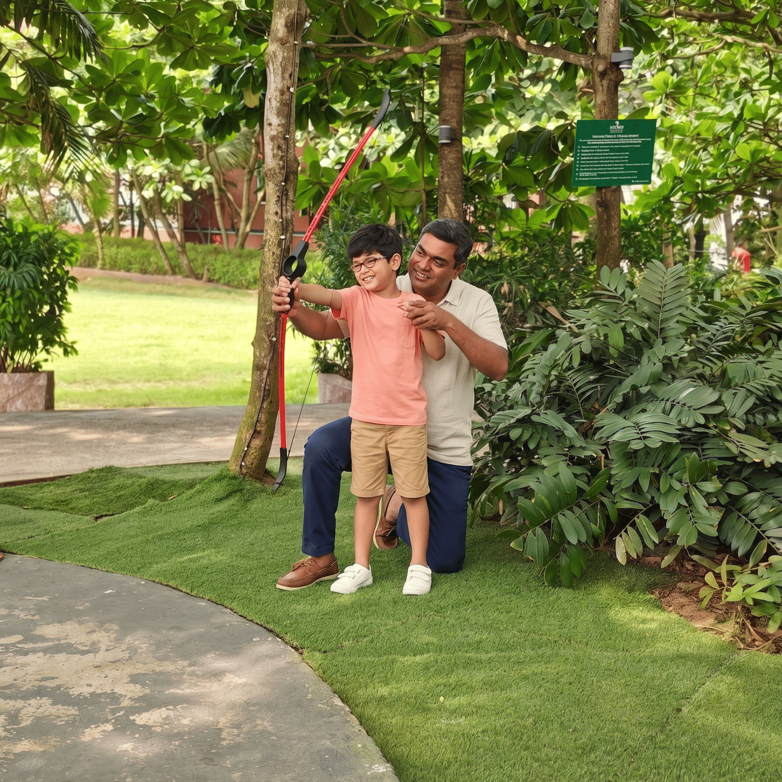 Father teaching his son how to do archery with bow and arrow in an open garden filled with trees and plants.
