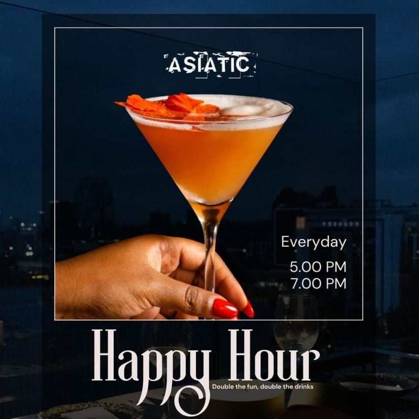 Happy Hour menu at Asiatic Lounge featuring Boss Lady, Tuff Gong, and Hapo Sawa cocktails from Ksh 650
