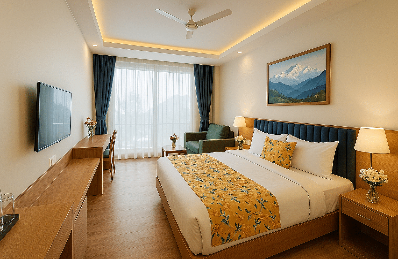 Side view of King Executive View Room With Balcony featuring a cosy bed, wall-mounted TV, and a large window at Summit Norling Resort & Spa, Gangtok