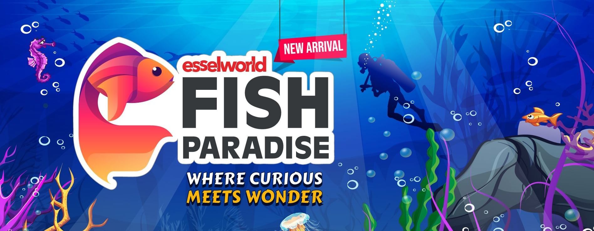 Colorful banner showing Fish Paradise at Bird Park - EsselWorld aquarium.