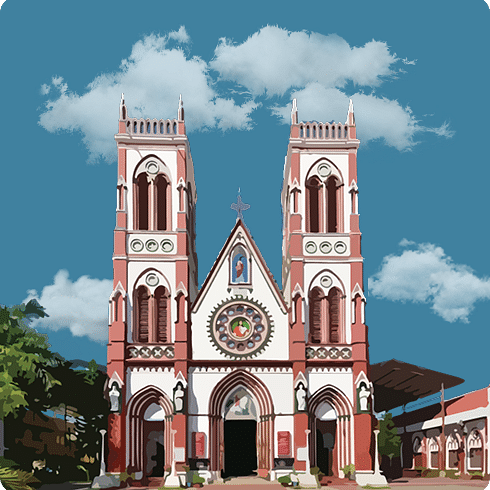 A white and red European-style church with tall spires under a bright, cloudy sky.
