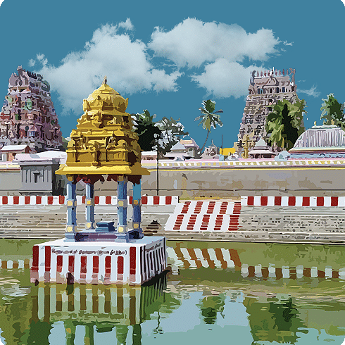 A golden temple pavilion with other temples in the background.