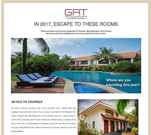 Newsletter showcasing hotel highlights, special packages, and services at GRT Hotels.