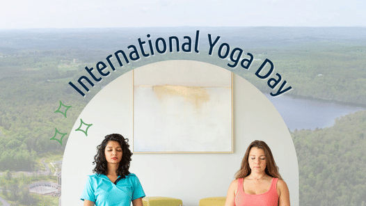 Banner for International Yoga Day at YO1 Longevity & Health Resorts, showcasing 2 women meditating indoors, highlighting a 25% discount
