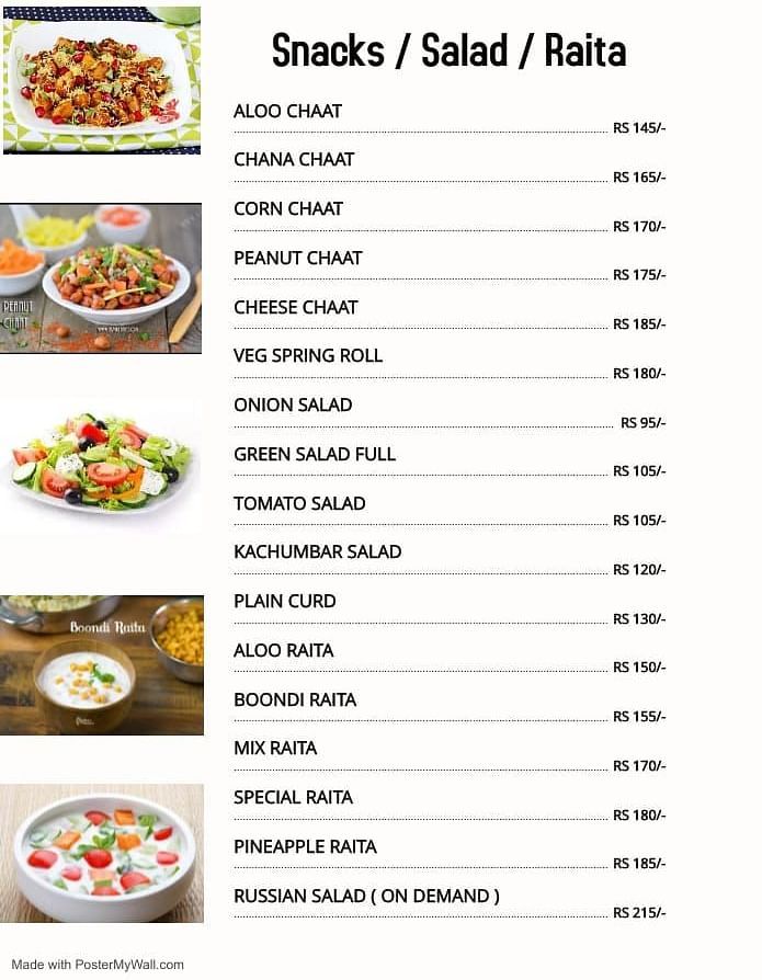 A menu of the Snacks, Salad, and Raita offered by our delivery service - Motel Divine International, Roorkee