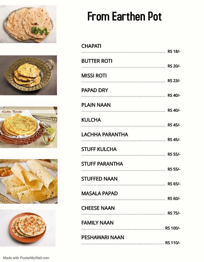 A menu of the Earthen Pot foods offered by our delivery service - Motel Divine International, Roorkee