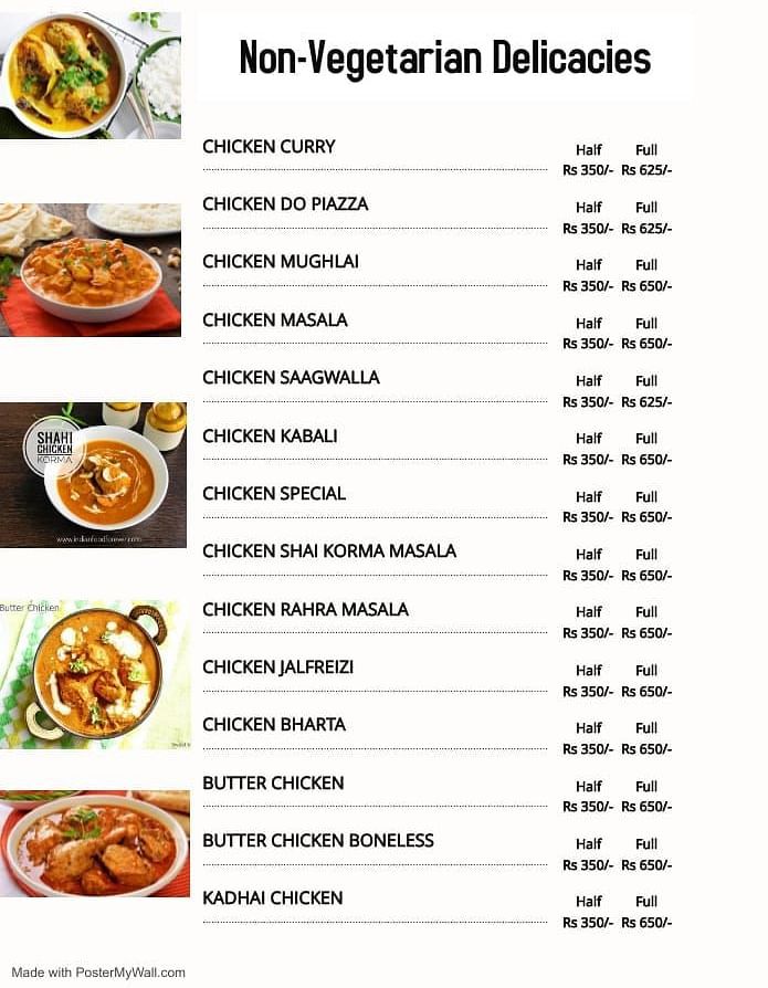 A menu of the Non-vegetarian Delicacies offered by our delivery service