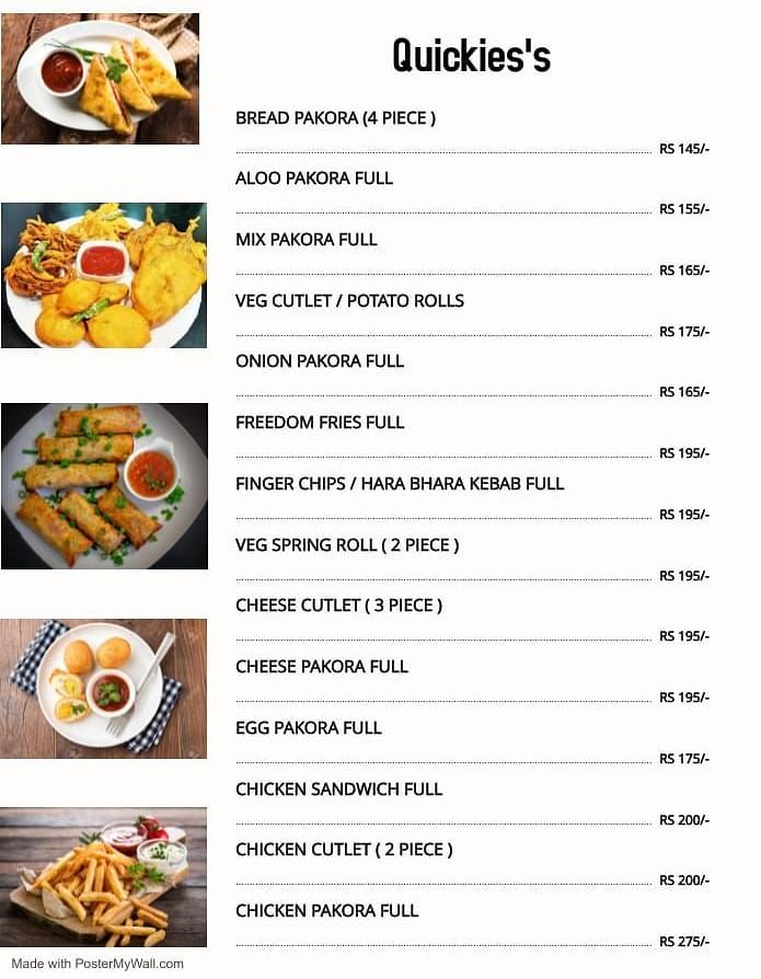 A menu of the Quickies offered by our delivery service - Motel Divine International, Roorkee