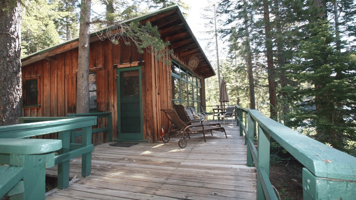 A wooden cabin with a long, elevated wooden walkway leading to its entrance, surrounded by lush trees