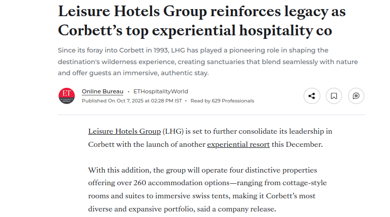 News article headline about Leisure Hotels Group reinforcing its legacy in Corbett, with details on a new experiential resort and expanded hospitality offerings.