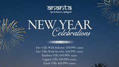 A creative of Ananta Spa & Resort, Ajabgarh, showcasing a row of illuminated, modern Bamboo and Earth villas nestled in lush greenery at night, with fireworks bursting over the dark hills above for the New Year 2025 celebration.