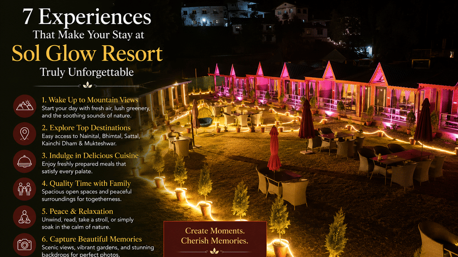 Blog graphic for Sol Glow Resort, Nainital, highlighting seven experiences with stunning illuminated cottages and outdoor seating at night.