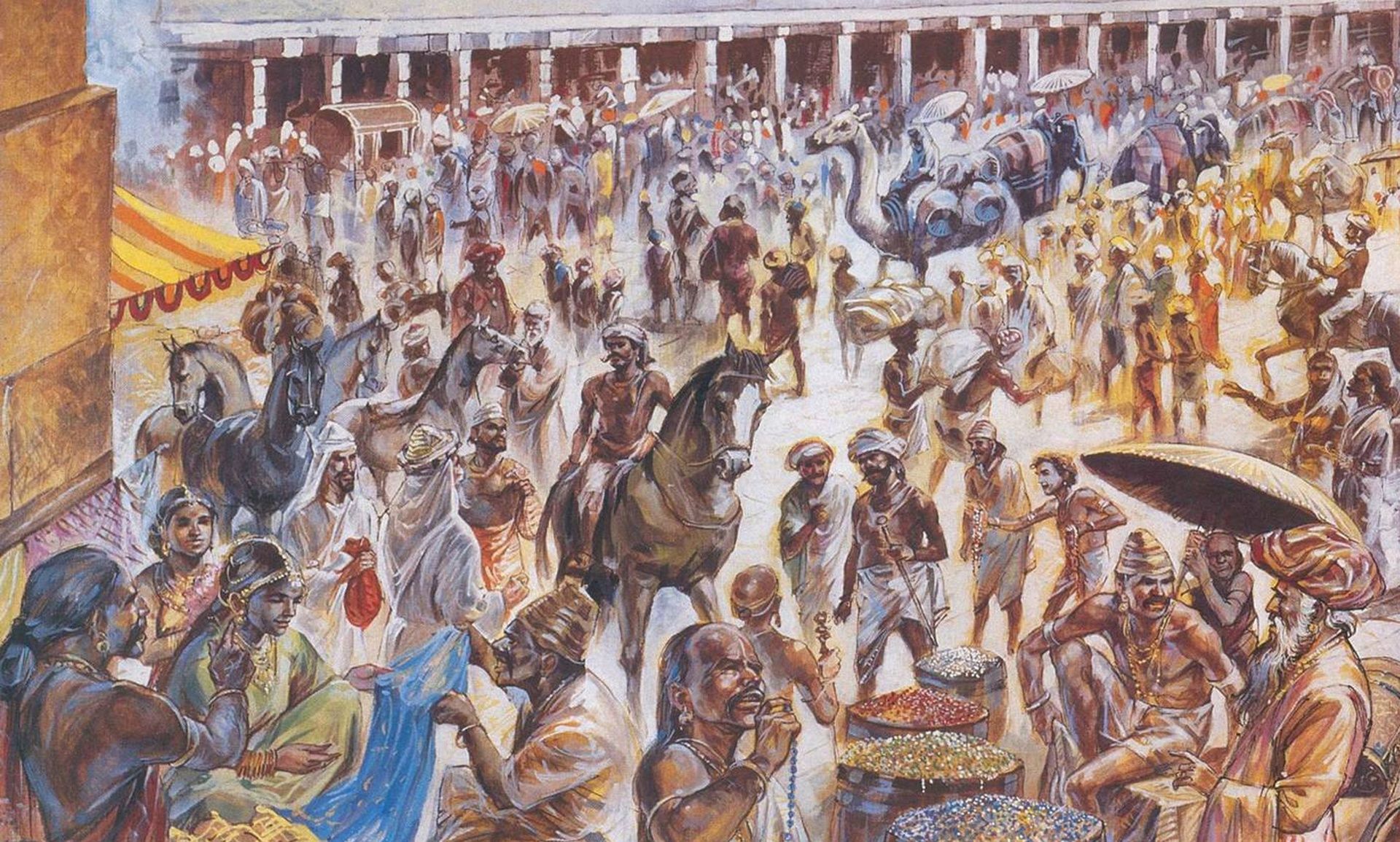 Bustling ancient market scene in Vijayanagara empire.