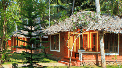 A row of traditional terracotta-coloured cottages with steep, thatched roofs, set on a green lawn surrounded by palms and tropical foliage.