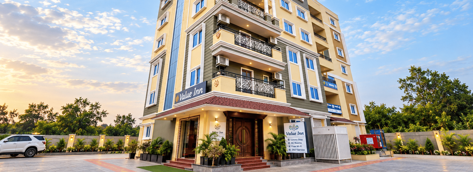 Front view of the Value Inn, Bangalore Airport building at sunset with its cream and yellow facade, ornate balconies, and plant lined entrance steps