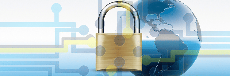 A banner for cyber security featuring a closed brass padlock positioned in front of a blue digital globe, set against a background of circuit board lines.