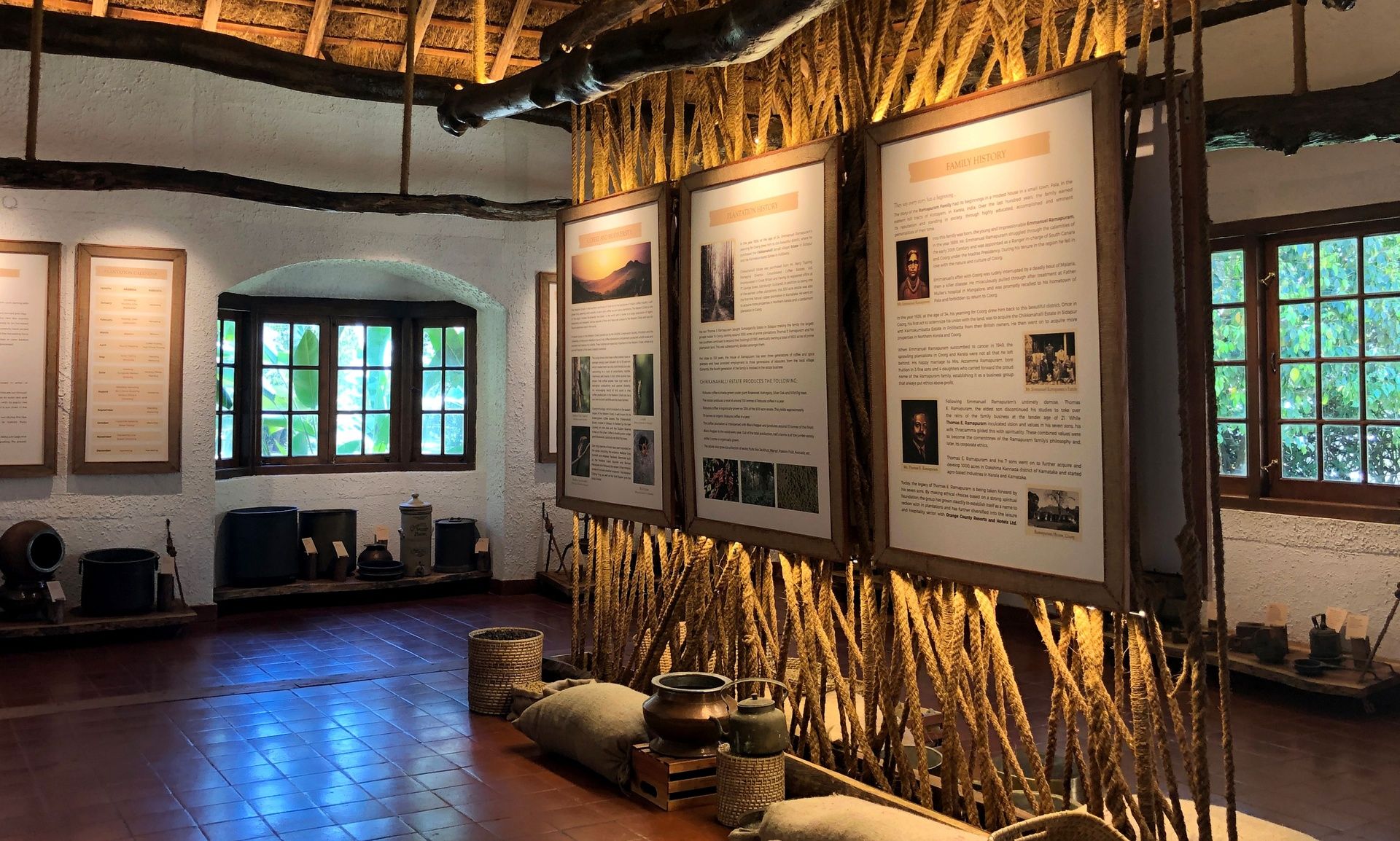 Interior of coffee museum with exhibits and windows.
