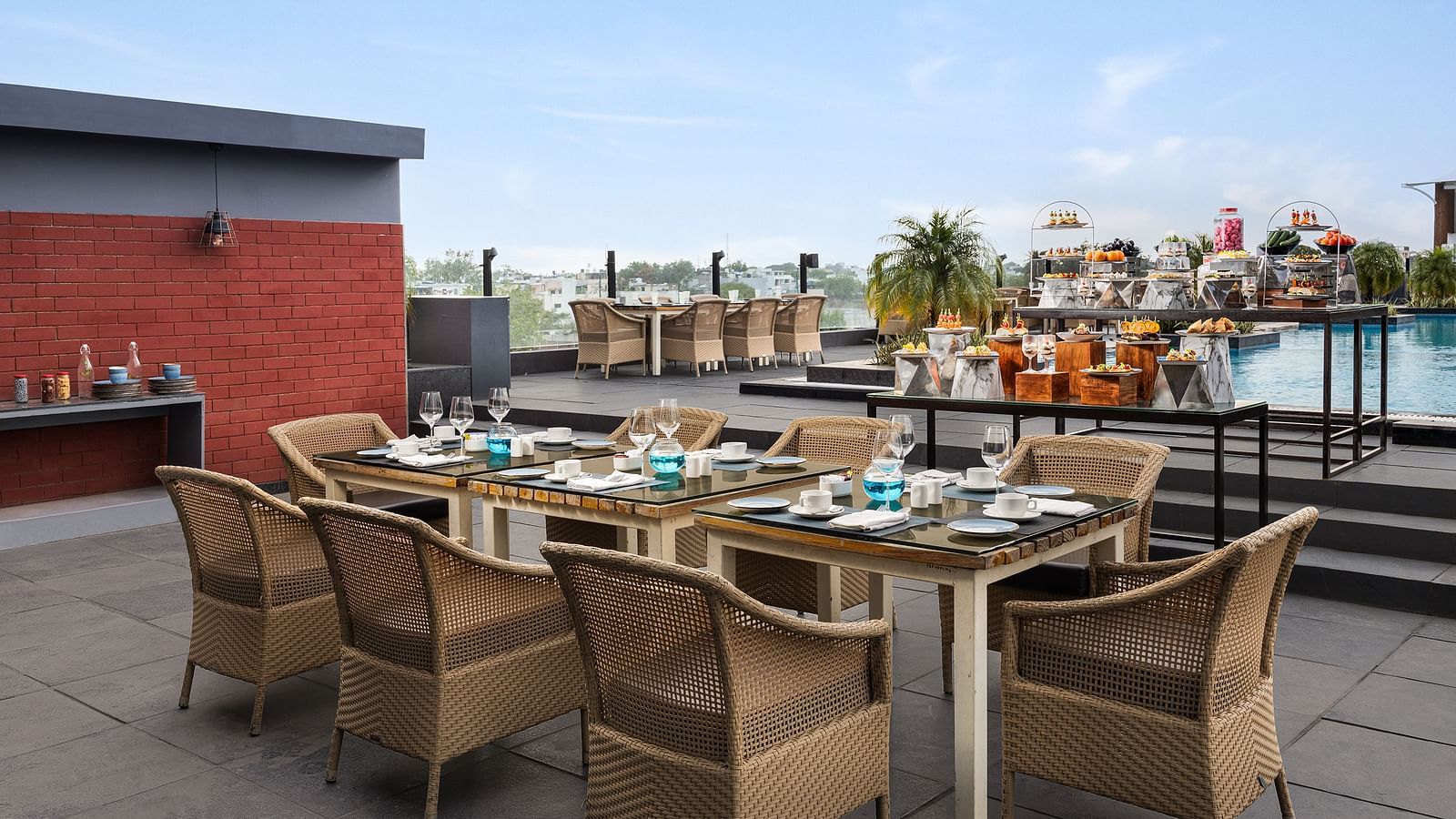 Rooftop seating arrangement at Essentia Luxury Hotel, Indore