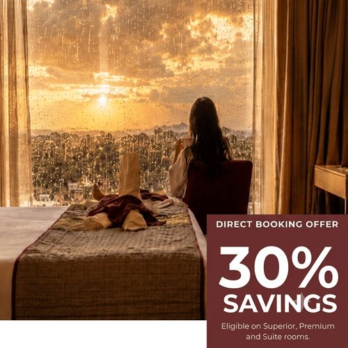 A promotional creative for the Pride Group of Hotels highlights a discount of 30% and a woman looking at a sunset from a room.