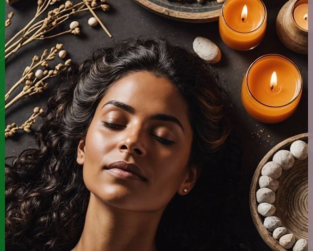 Woman relaxing with eyes closed during a spa therapy session, surrounded by candles, stones, and spa accessories.