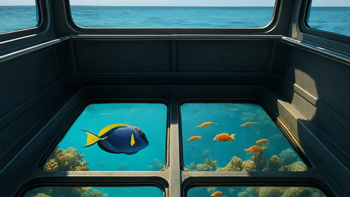 An AI-generated print of a view from inside a Glass Boat Ride of the corals and fish in the waterbody.