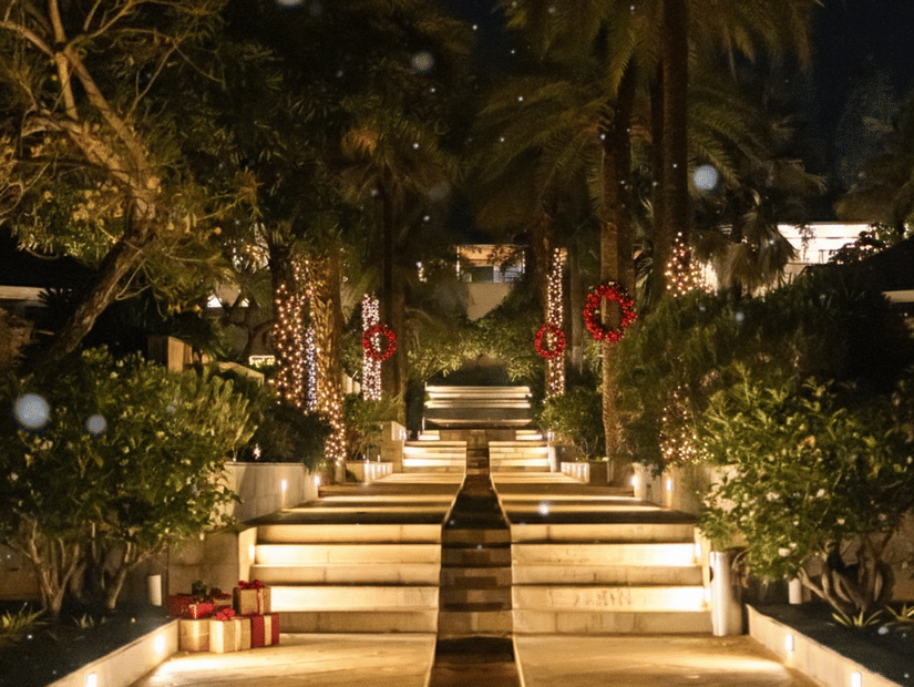 The Serai resort pathway illuminated with warm lights for the Christmas celebration.