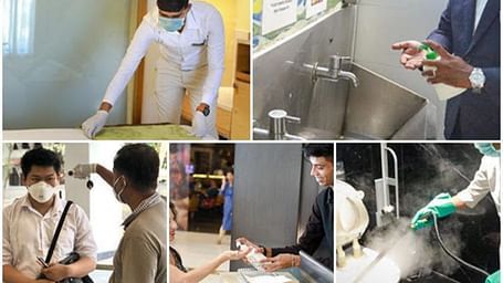Collage showing staff sanitising hotel premises thoroughly.