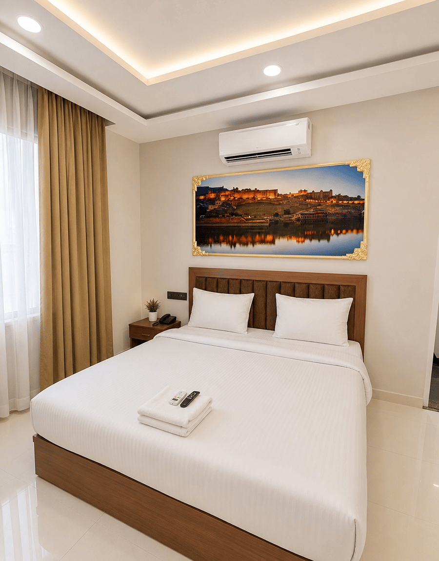 Double bed with a folded towel in the Jal Mahal Classic Room at Lime Tree Hotel & Banquet, Jaipur